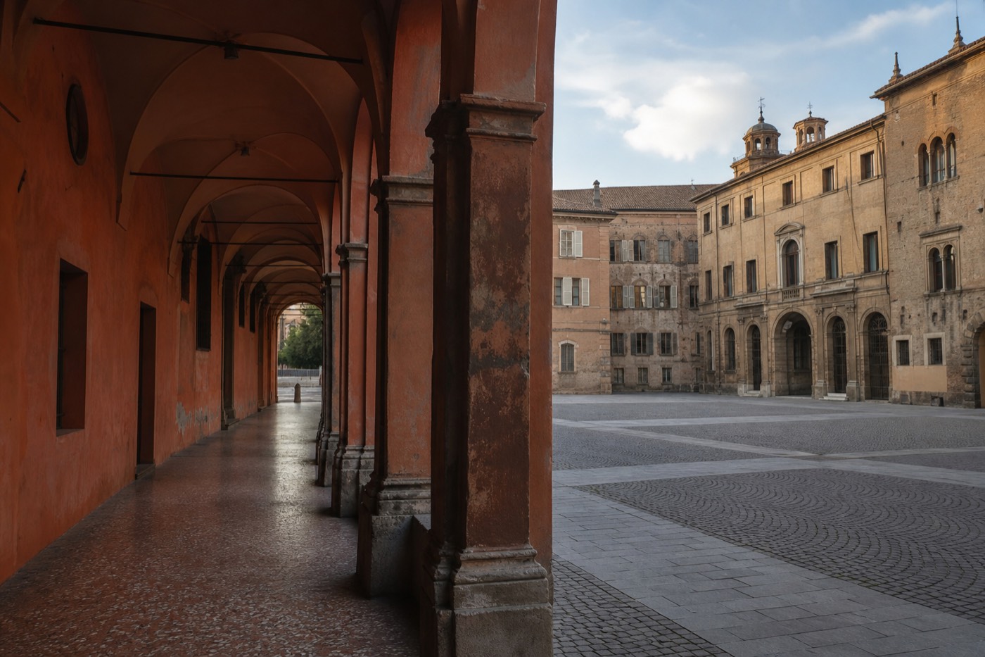 Split view of Parma's quiet historic streets next to Bologna's porticoed avenues for a Parma vs Bologna comparison