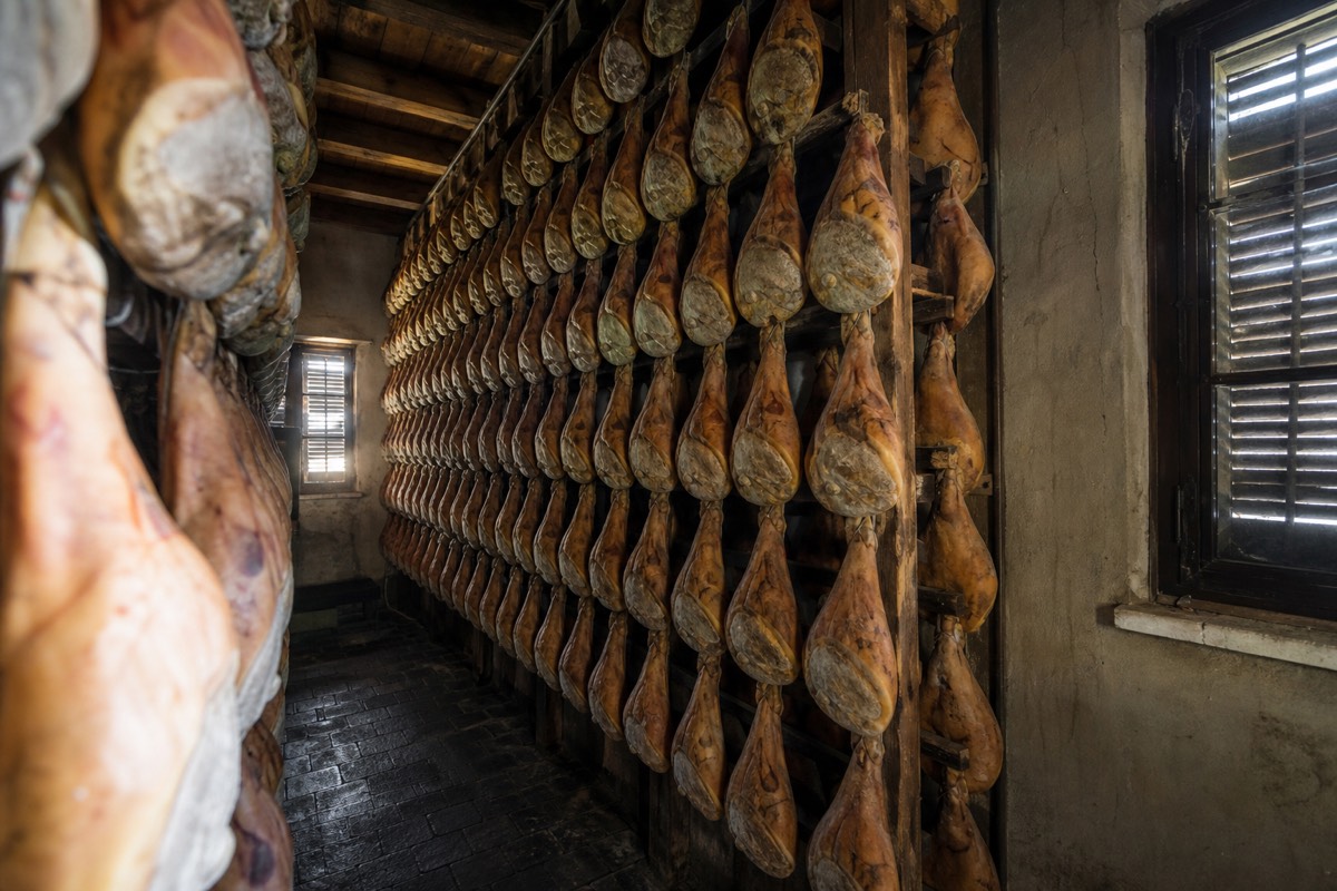 Prosciutto di Parma hams hanging in a curing room shown on Parma ham production tours